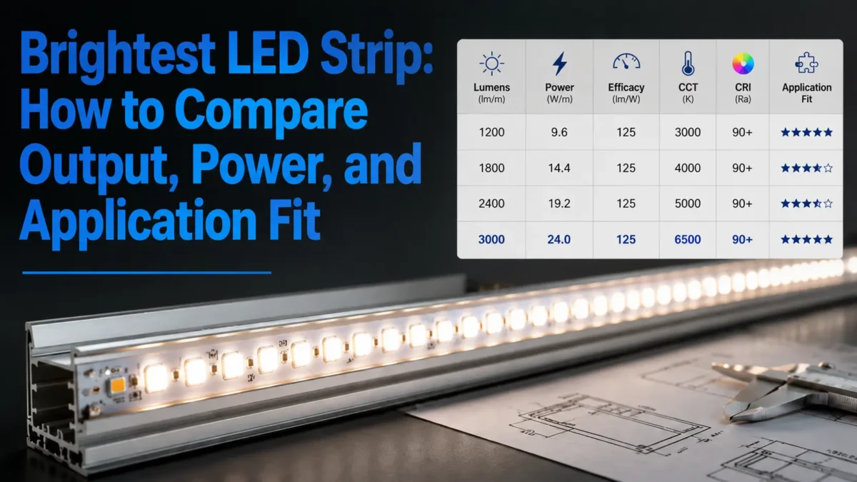 Compare the brightest LED strip by lumens per foot or meter, power, heat, CCT/CRI, voltage drop, application fit, and RFQ inputs.