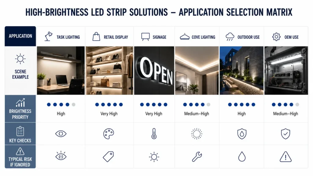 Application matrix for selecting high-brightness LED strip lights by task, signage, retail, cove, outdoor, and OEM use.
