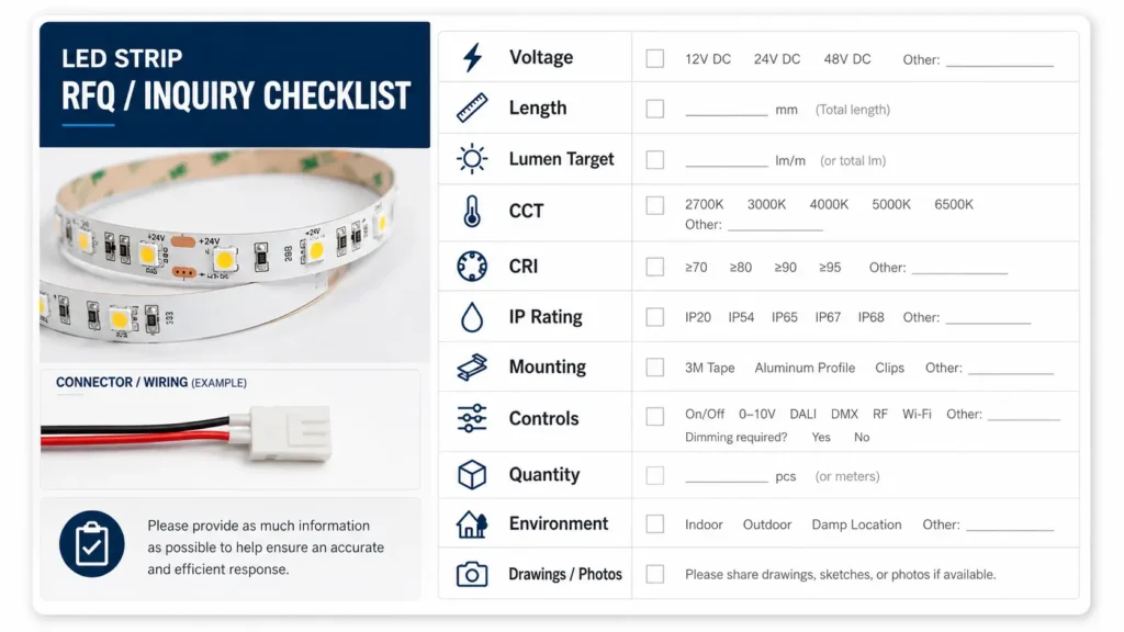 RFQ checklist for requesting a high-brightness LED strip recommendation from a supplier.
