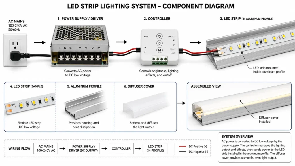 LED strip lighting system diagram showing power supply, strip, aluminum profile, diffuser, and run length considerations.
