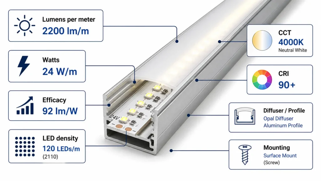 Diagram comparing LED strip brightness metrics such as lumens per meter, watts, efficacy, CCT, CRI, and LED density.
