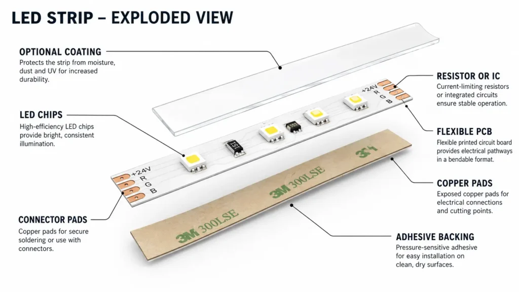 LED strip anatomy showing PCB, LEDs, copper pads, adhesive backing, and optional coating