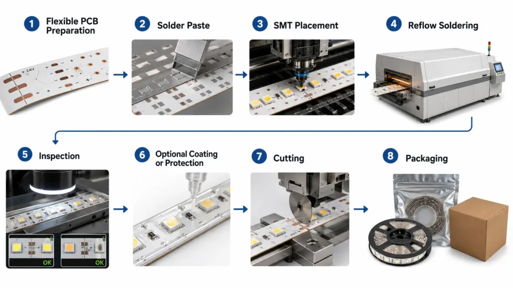 Diagram of typical LED strip manufacturing steps from flexible PCB to inspection