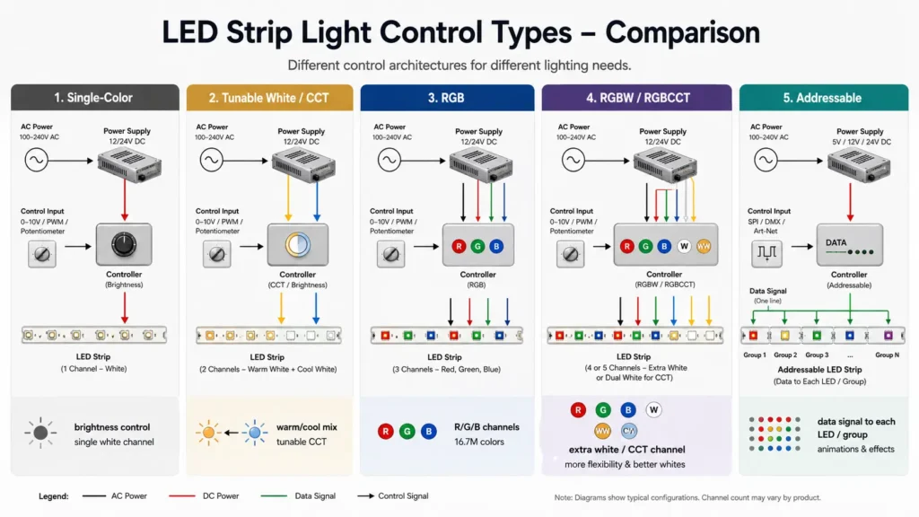 Comparison of single-color, CCT, RGB, RGBW, and addressable LED strip control paths