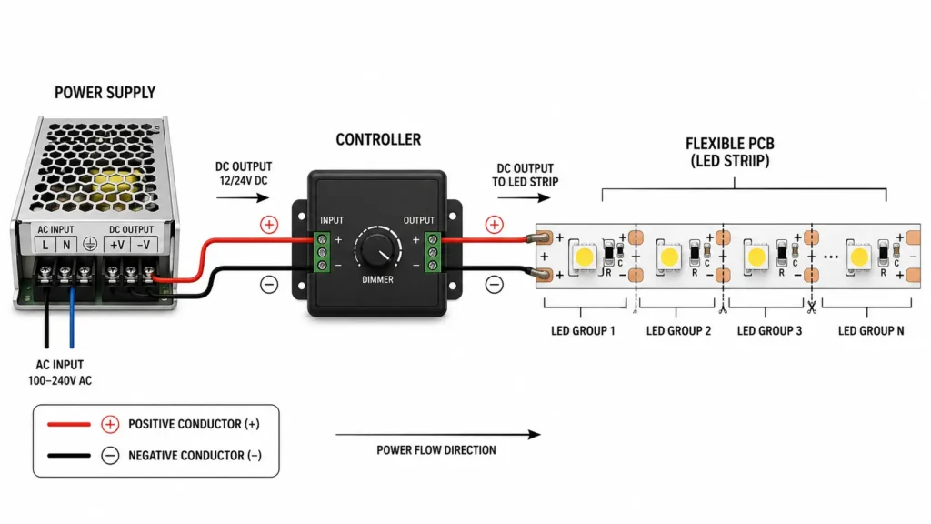 Diagram showing power supply, controller, PCB traces, and LED groups in an LED strip