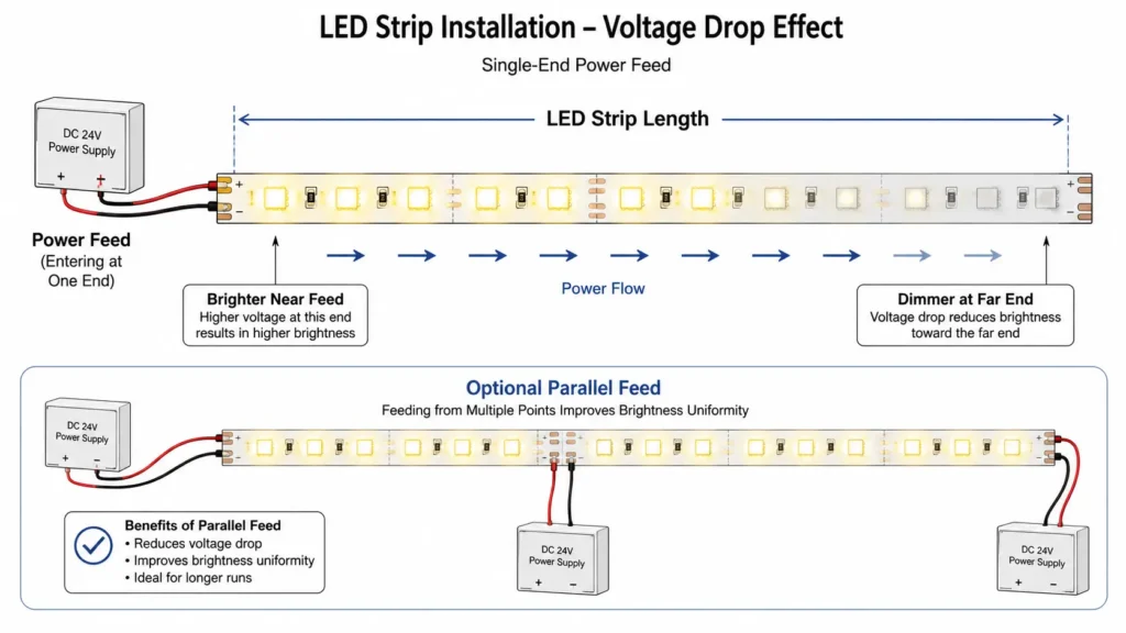Diagram showing brightness reduction along a long LED strip run due to voltage drop