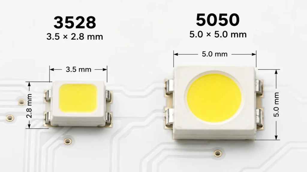 Diagram comparing 3528 and 5050 LED package dimensions