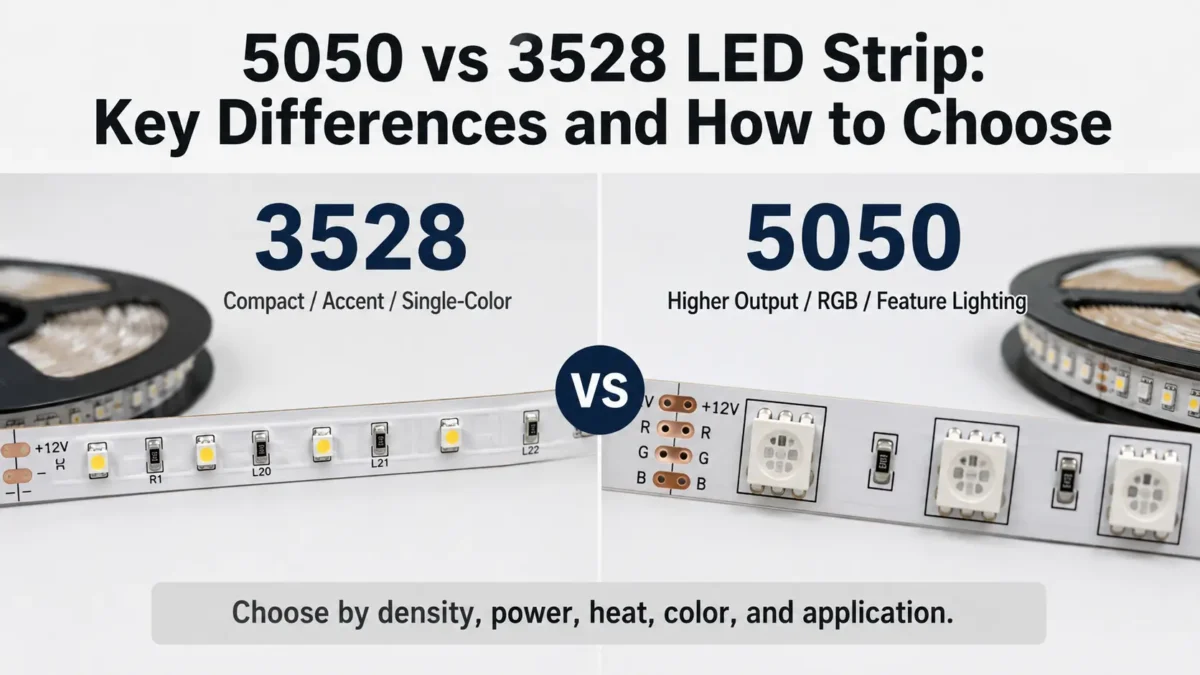 Compare 5050 vs 3528 LED strips by package size, RGB use, brightness factors, application fit, and RFQ specs before choosing a strip.