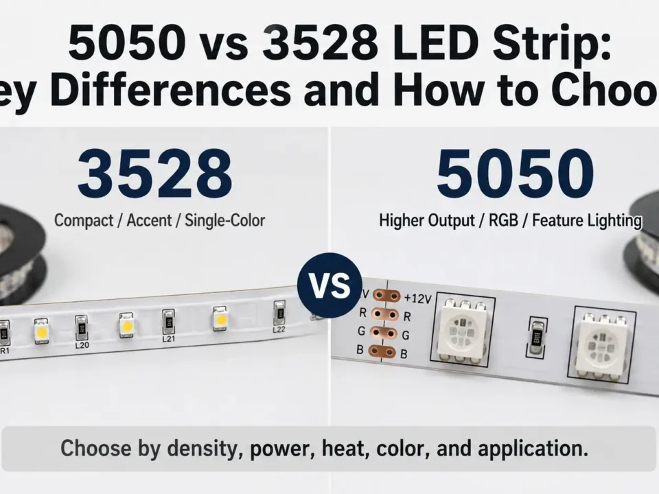 Compare 5050 vs 3528 LED strips by package size, RGB use, brightness factors, application fit, and RFQ specs before choosing a strip.