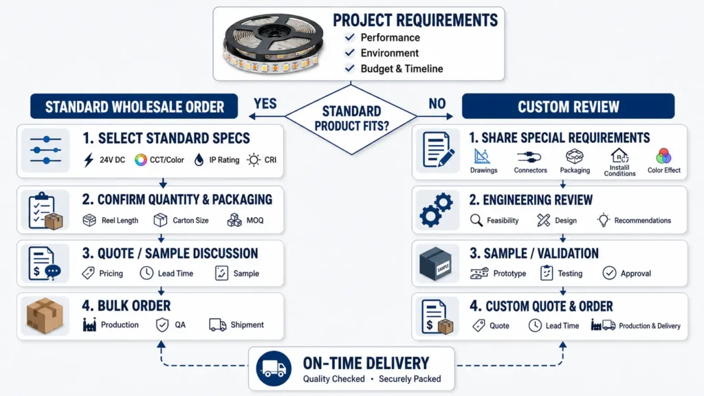 Flowchart helping buyers choose standard wholesale LED strips or custom LED strip review.