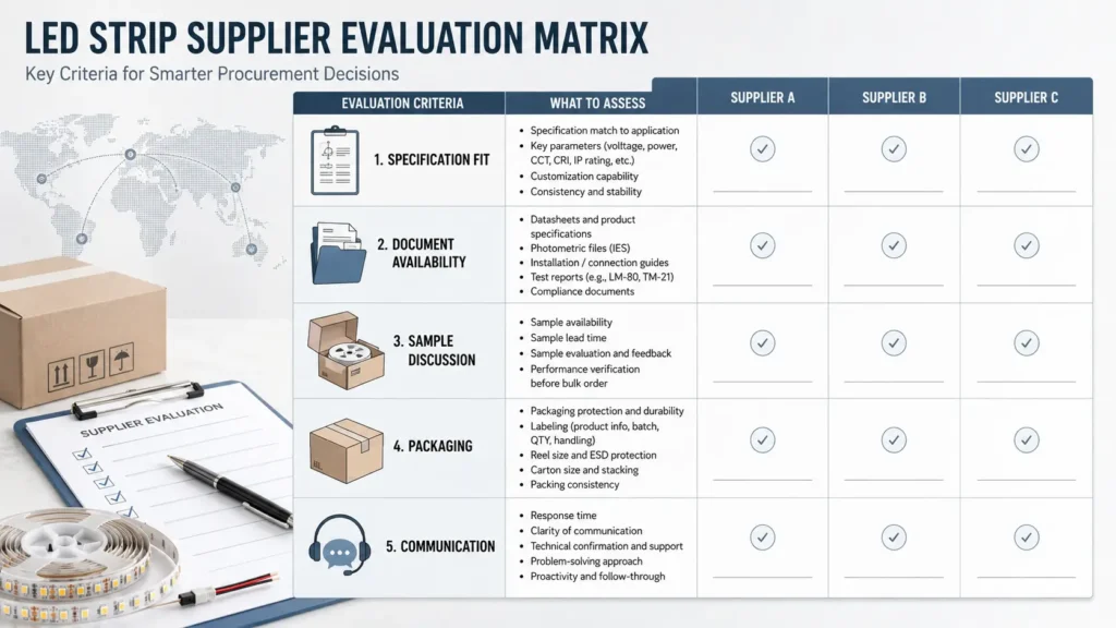 Matrix comparing product fit, documents, samples, packing, and clear replies for LED strip importers.