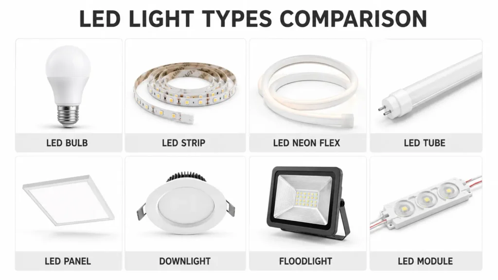 Comparison visual of LED bulbs, strips, neon flex, tubes, panels, downlights, floodlights, and modules