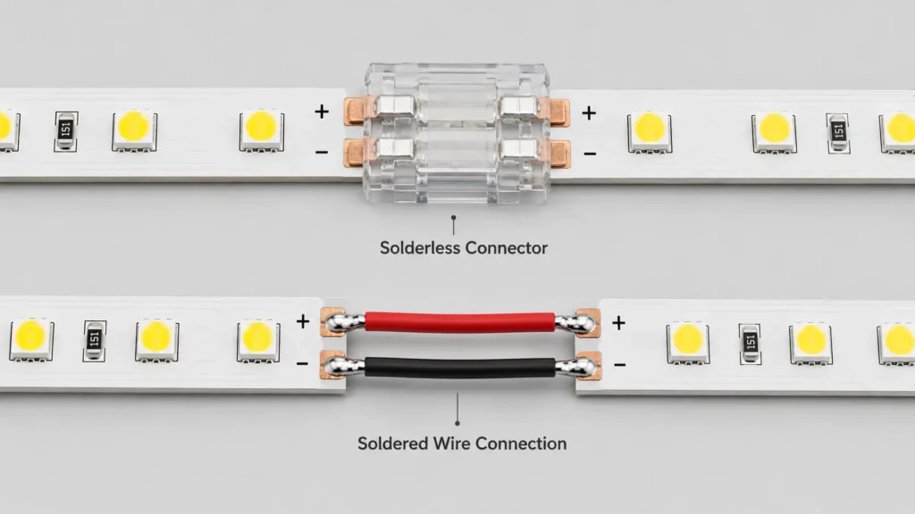 Diagram showing two LED strips connected by a solderless connector and soldered joint with polarity labels