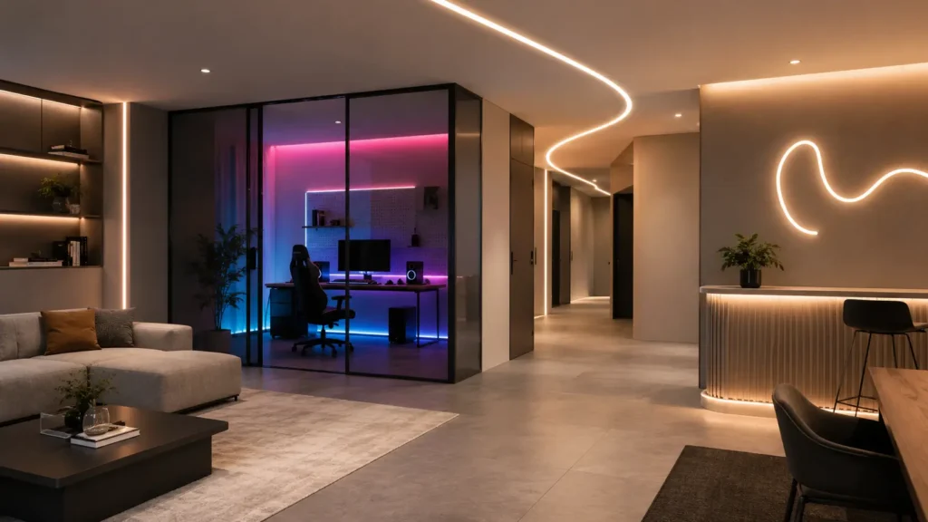 LED strip lighting effects in a modern interior without brand names