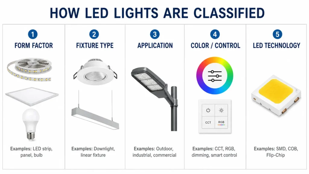 Diagram showing LED light classification by form factor, fixture type, application, color control, and LED technology