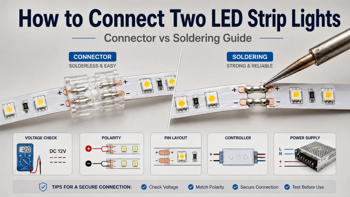 Learn how to connect two LED strip lights with a connector or soldered joint. Check polarity, voltage, strip width, pin count, power load, and fixes.