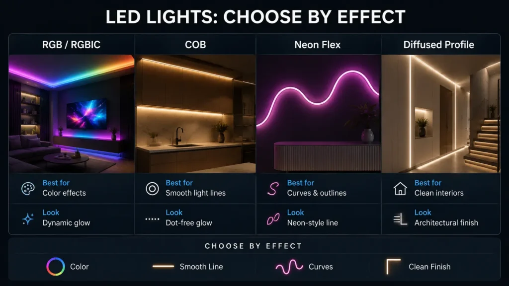 Diagram showing LED strip types matched to visual effects