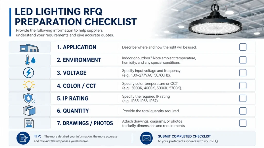 Checklist for LED lighting RFQ details including application, voltage, brightness, color, IP rating, quantity, and drawings