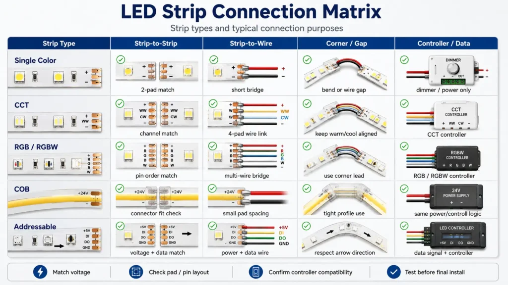 Connector selection matrix for single-color, CCT, RGB, RGBW, COB, and addressable LED strips