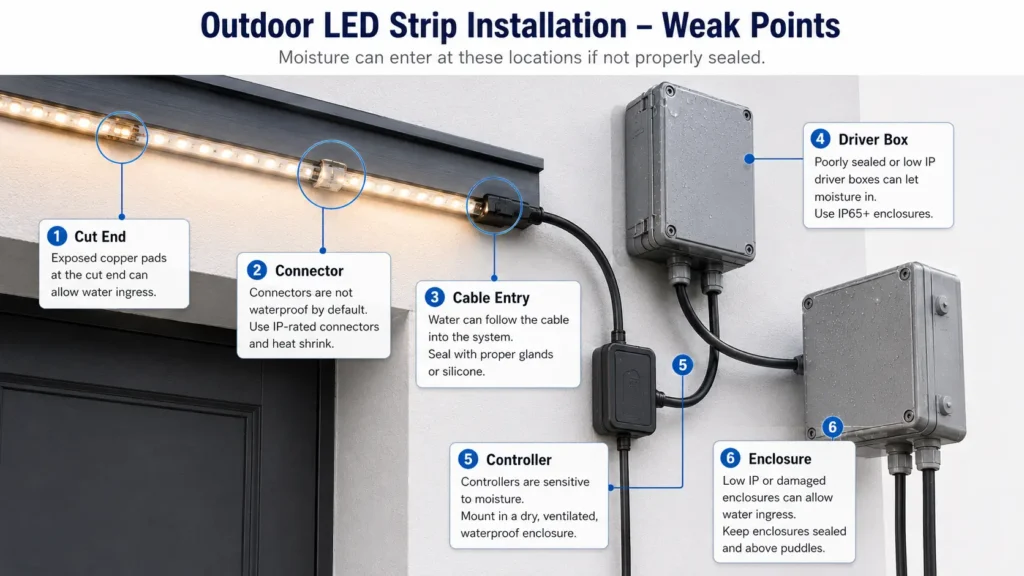 Diagram of LED strip, cut ends, connector, cable entry, controller, power supply, and enclosure
