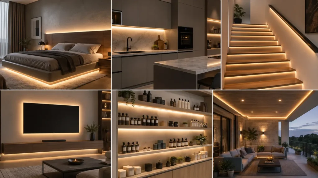 LED strip light ideas for bedroom, kitchen, stairs, TV wall, retail display, and outdoor accent lighting