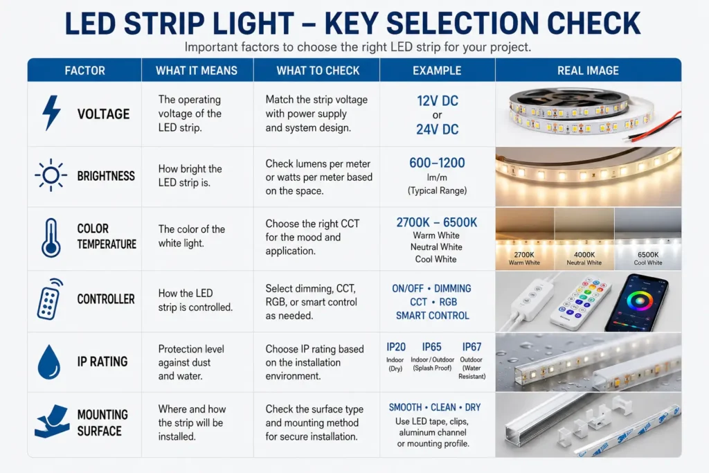 Matrix showing LED strip ideas matched with brightness, voltage, controller, diffuser, and IP rating checks