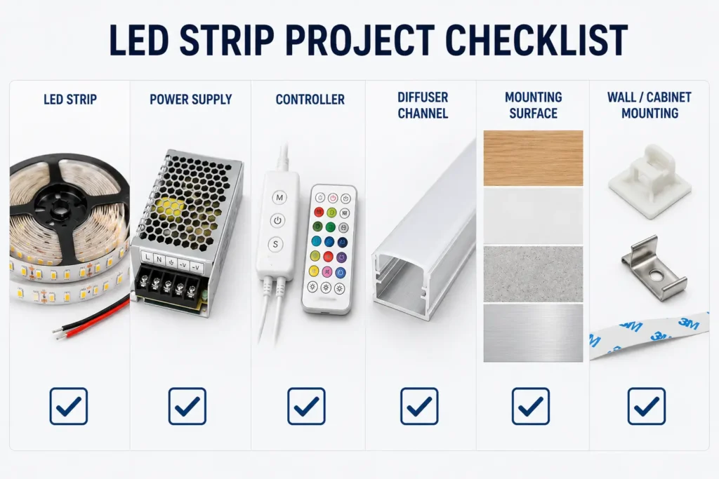 Checklist for LED strip length, power supply, mounting surface, controller, diffuser, and environment