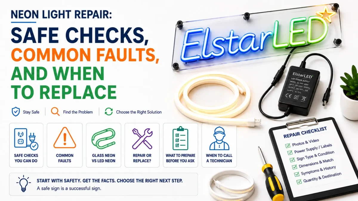 Learn how to approach neon light repair safely, separate glass neon from LED neon, check non-invasive issues, and decide when repair or replacement makes sense.