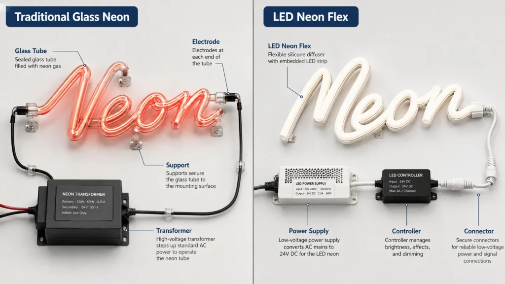 Comparison of glass neon tube and LED neon flex components.