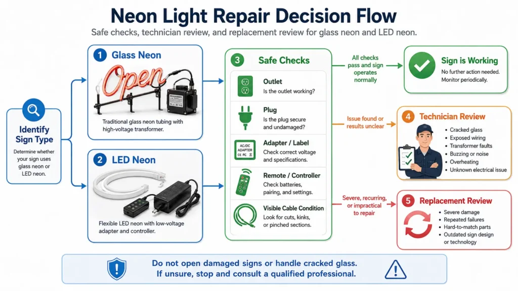 Neon light repair decision flow for glass neon and LED neon signs.