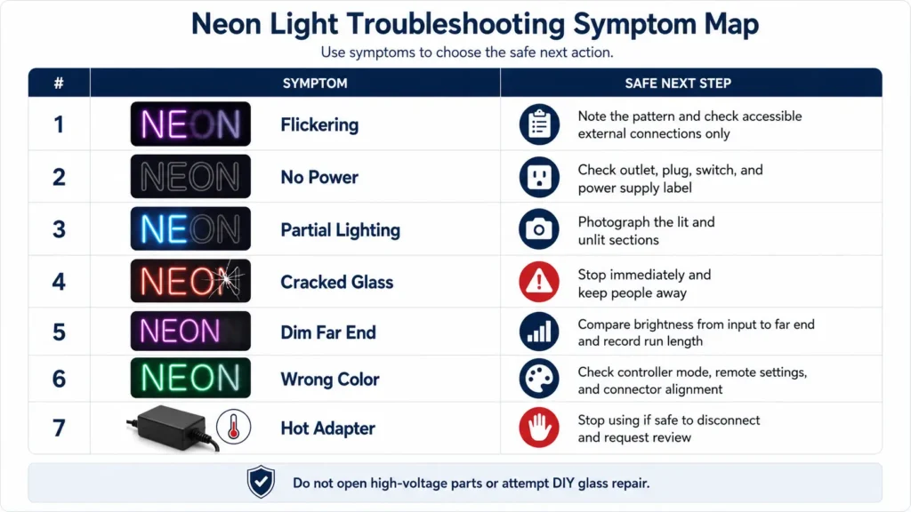 Neon light repair symptom map for flickering, no power, partial lighting, cracked glass, and adapter issues.