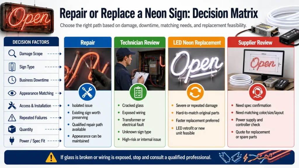 Neon light repair or replacement decision matrix for commercial signs.