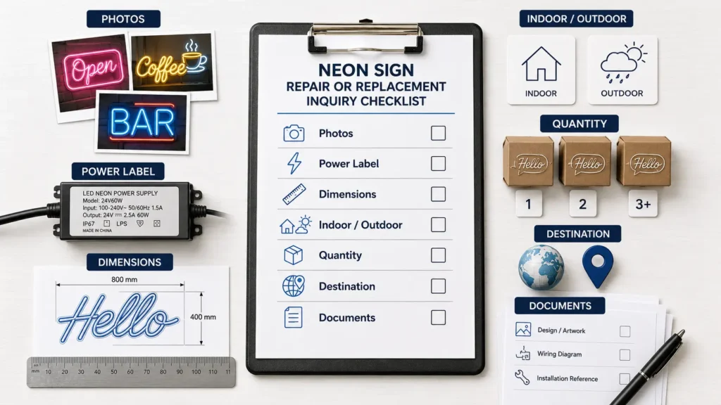Checklist for photos, labels, dimensions, environment, quantity, and destination before neon light repair review.