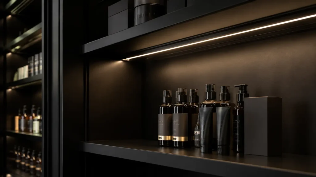 Dark interior lighting scene showing LED strip placement, black profile, and mounting considerations