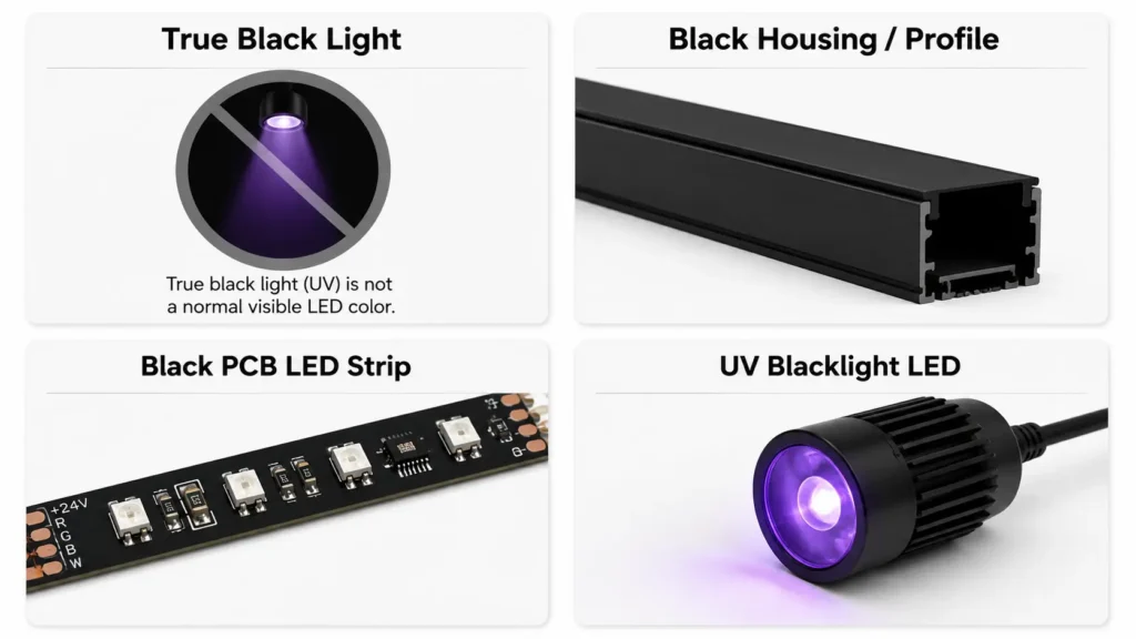 Diagram comparing true black emission, black LED housing, black PCB LED strip, and UV blacklight LED