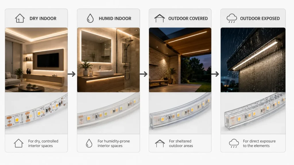 Diagram connecting indoor and outdoor exposure to IP rating and installation checks.