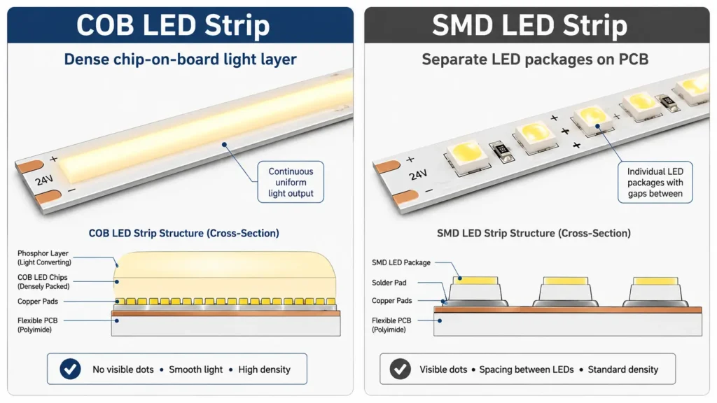 Diagram comparing COB LED strip and SMD LED strip package layout