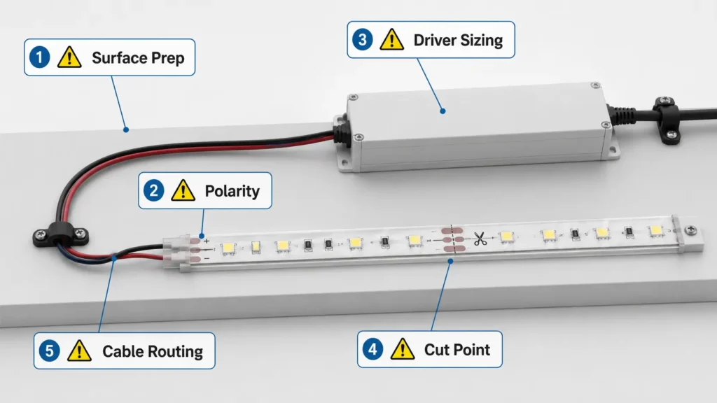 Illustration of common LED strip installation mistakes including wrong cut point, poor surface prep, and mismatched power supply
