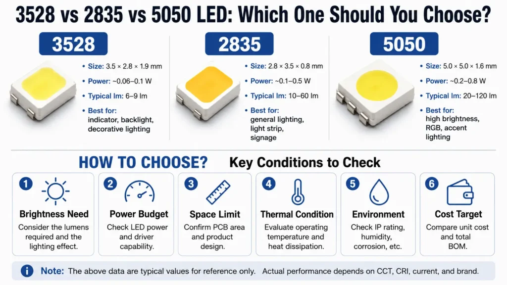 Comparison graphic of 5050, 3528, and 2835 LED package sizes with buyer checklist notes
