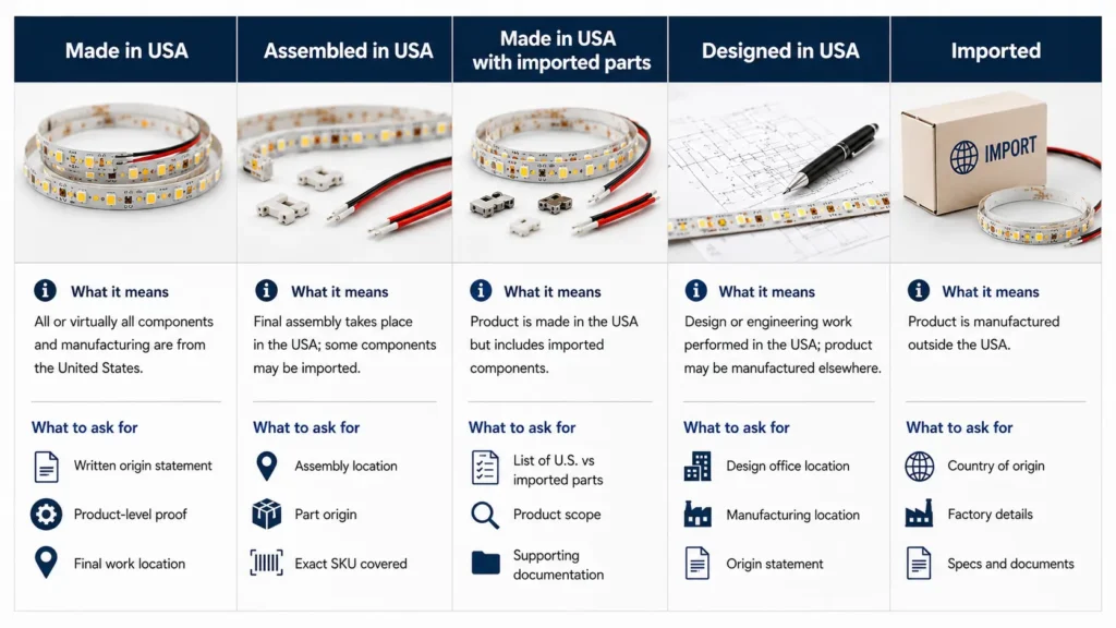 Comparison of common origin claim wording for LED strip light buyers