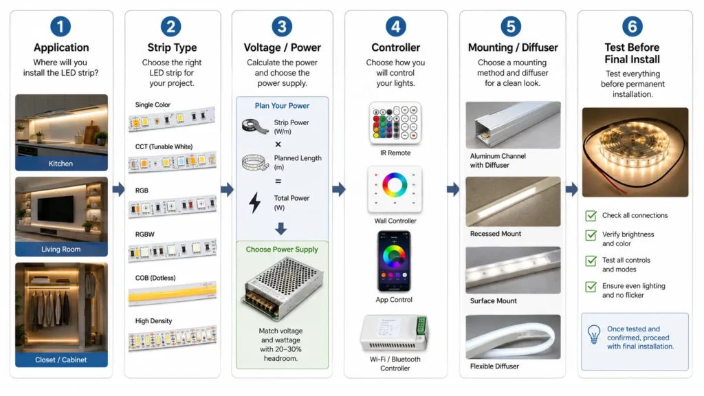 Start with the project conditions before choosing strip type, power supply, controller, and mounting method.