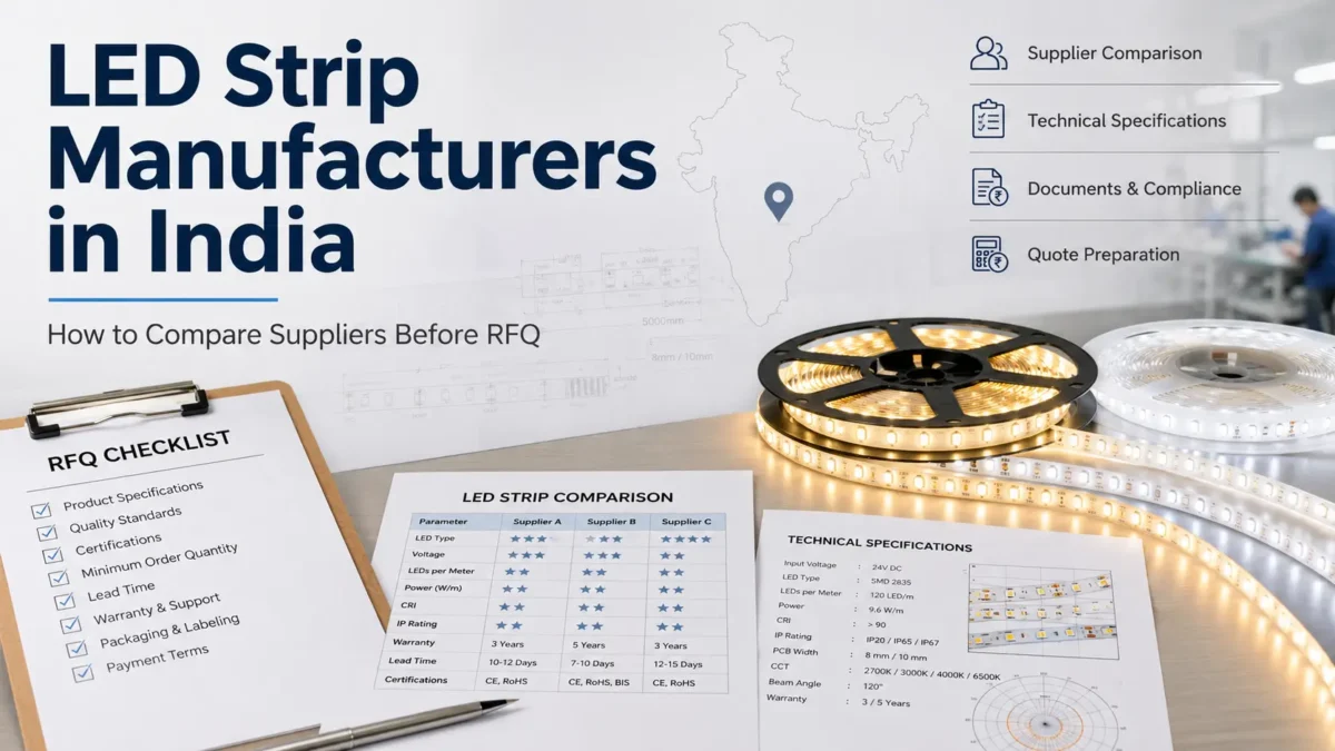 Compare LED strip manufacturers in India with supplier criteria, spec checks, document questions, and RFQ preparation tips for sourcing.