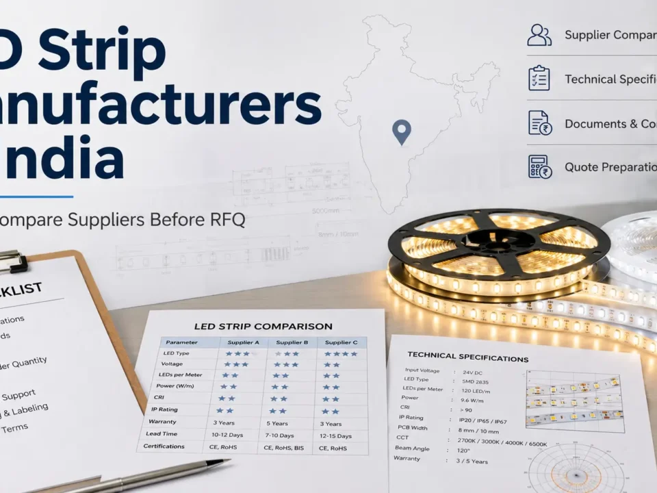 Compare LED strip manufacturers in India with supplier criteria, spec checks, document questions, and RFQ preparation tips for sourcing.