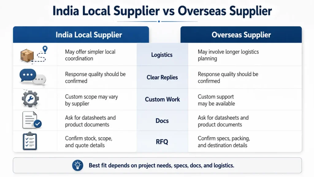 Decision table comparing local India LED strip suppliers and overseas suppliers
