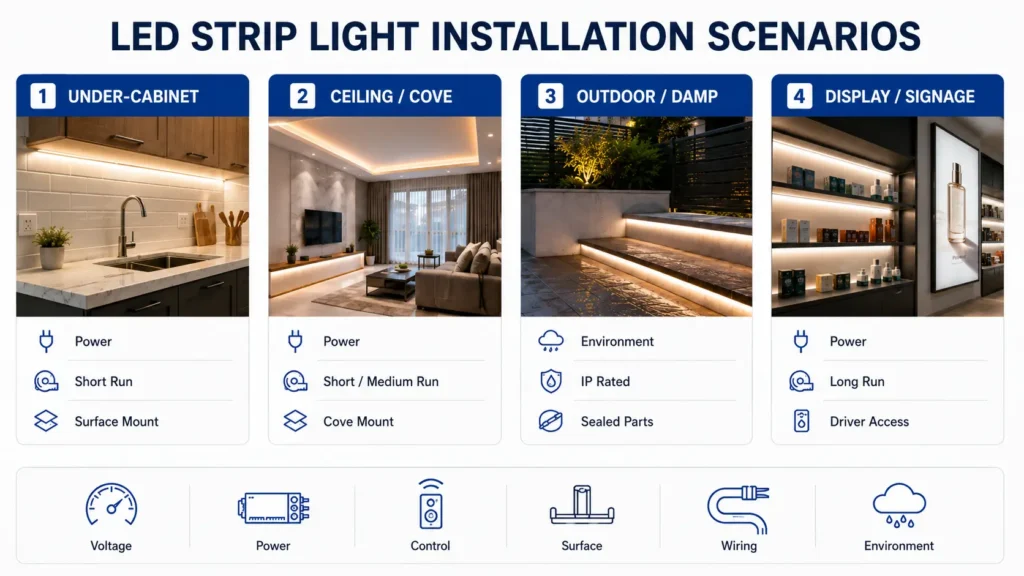 Comparison of indoor, outdoor, ceiling, under-cabinet, and long-run LED strip installation checks