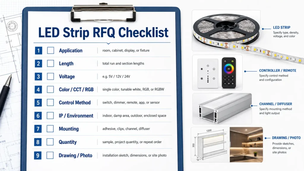 RFQ checklist for LED strip application, length, voltage, color, controller, environment, mounting, quantity, and drawings