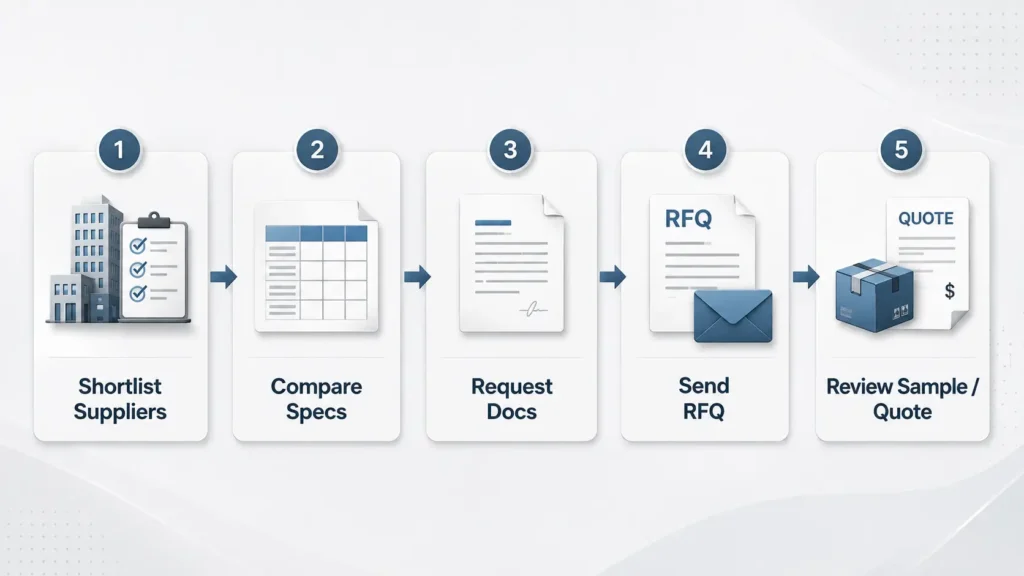 Flowchart showing steps to review LED strip manufacturers before RFQ
