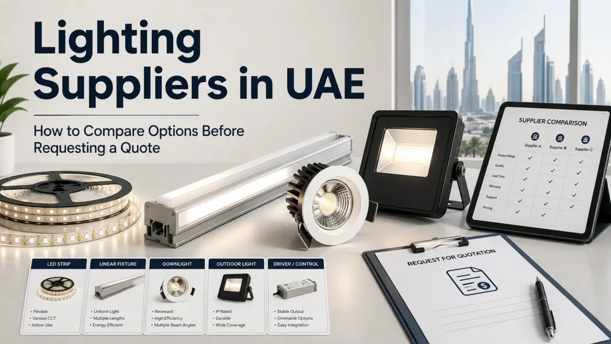 Compare lighting suppliers in UAE by product fit, specs, documents, RFQ readiness, and project requirements before requesting a quote.