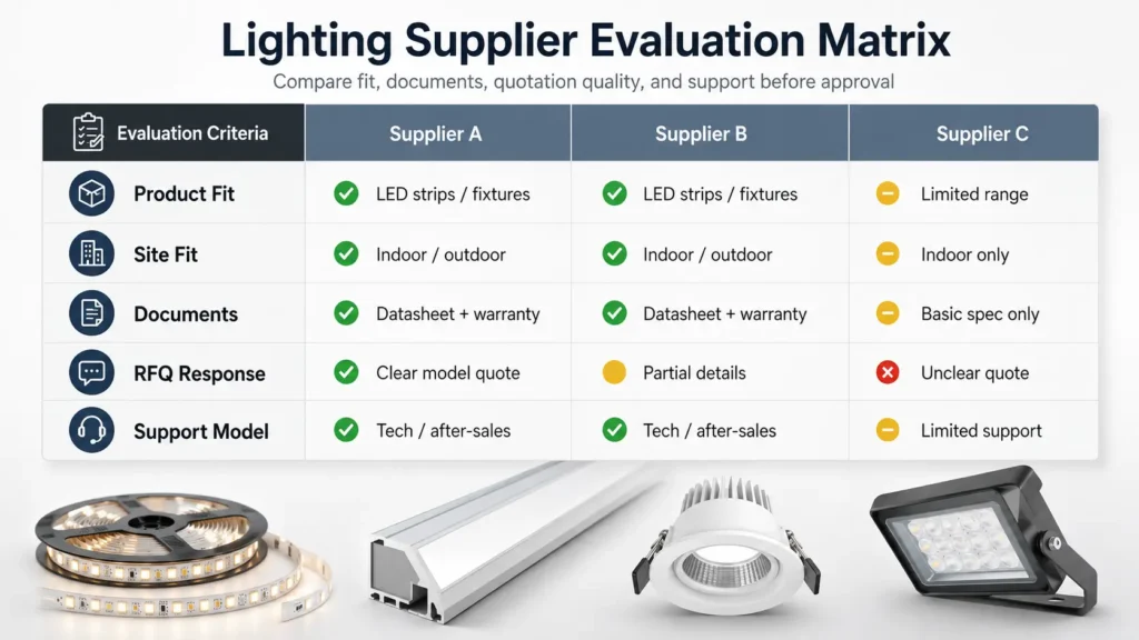 Matrix showing how UAE buyers compare lighting suppliers by product fit, documents, RFQ response, and support model