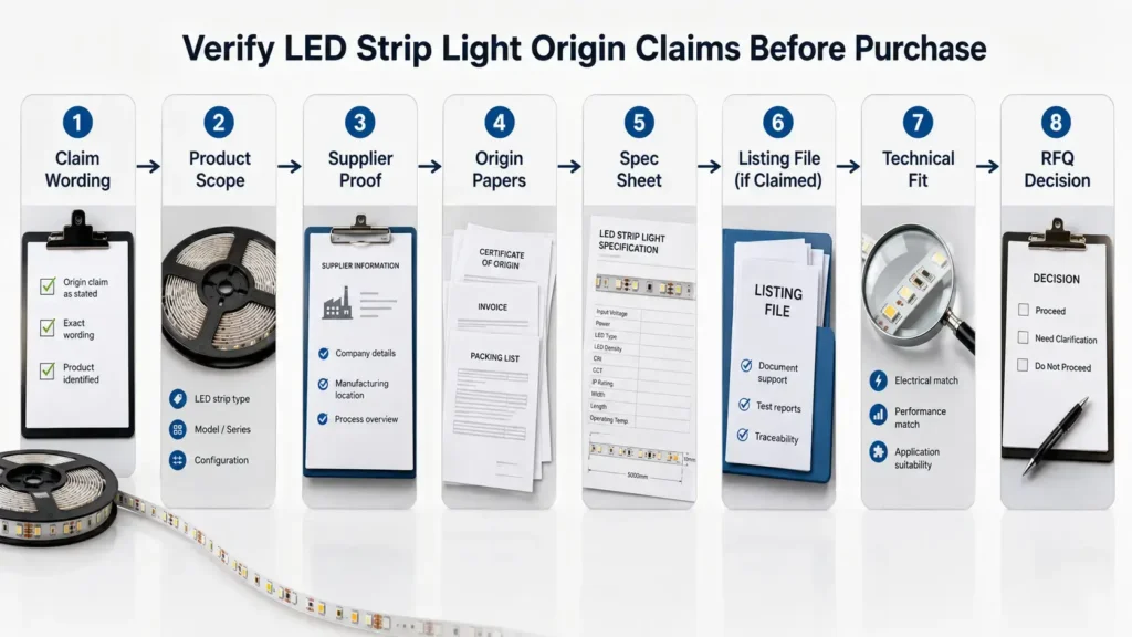 Flowchart showing how buyers verify Made-in-USA LED strip light claims before RFQ.